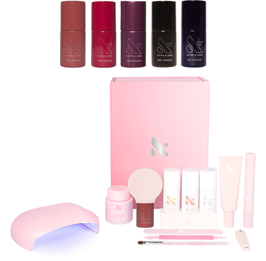 Bonus Fall Gel System including five seasonal gel polish shades and tools for easy, long-lasting at-home mani by Olive and June