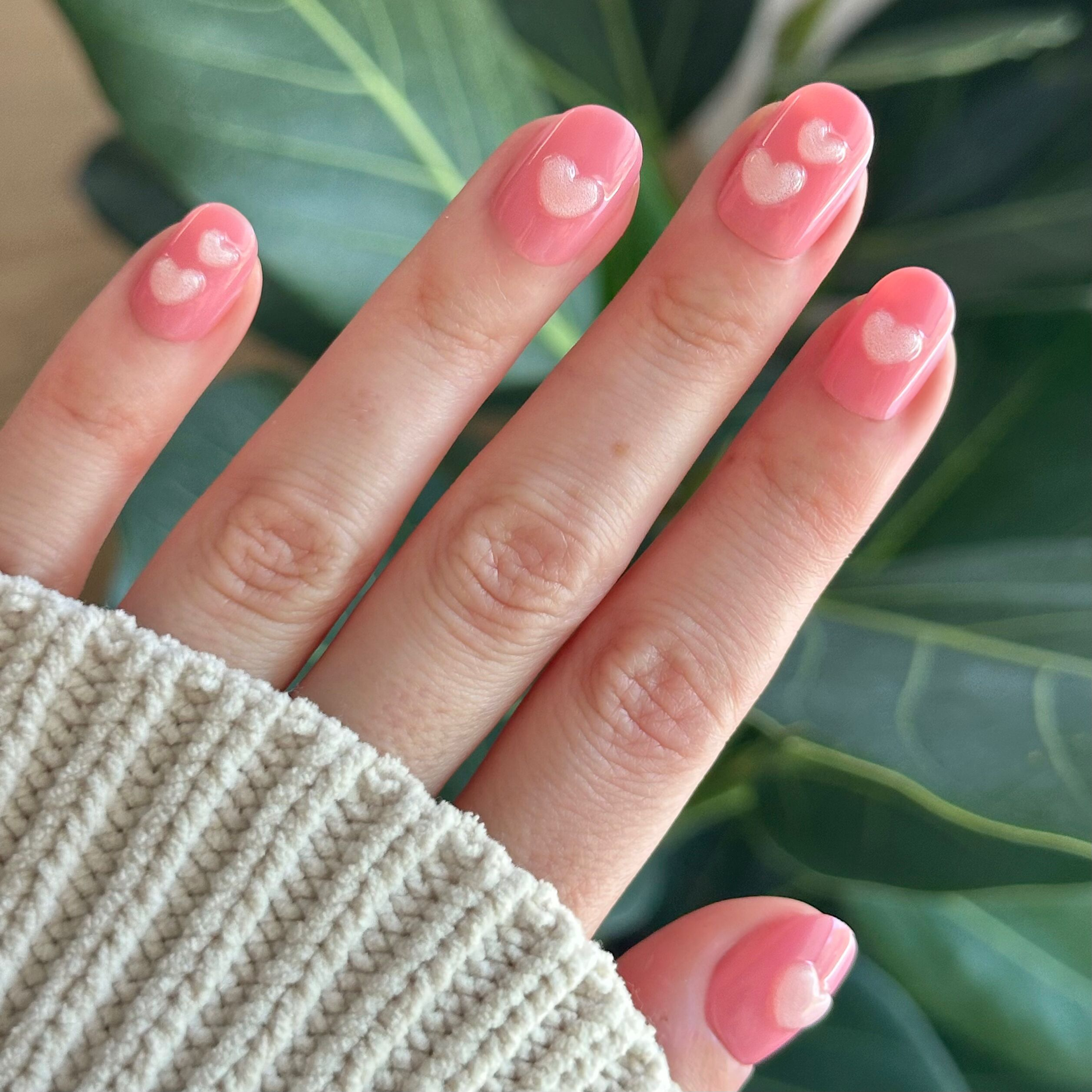 3D Crystal Hearts - Press-On | Extra Short | Round baby pink press-on nails with jumbo puffy hearts for an easy mani