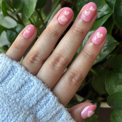 3D Crystal Hearts - Press-On | Extra Short | Round baby pink nails with raised puffy hearts for easy at-home mani