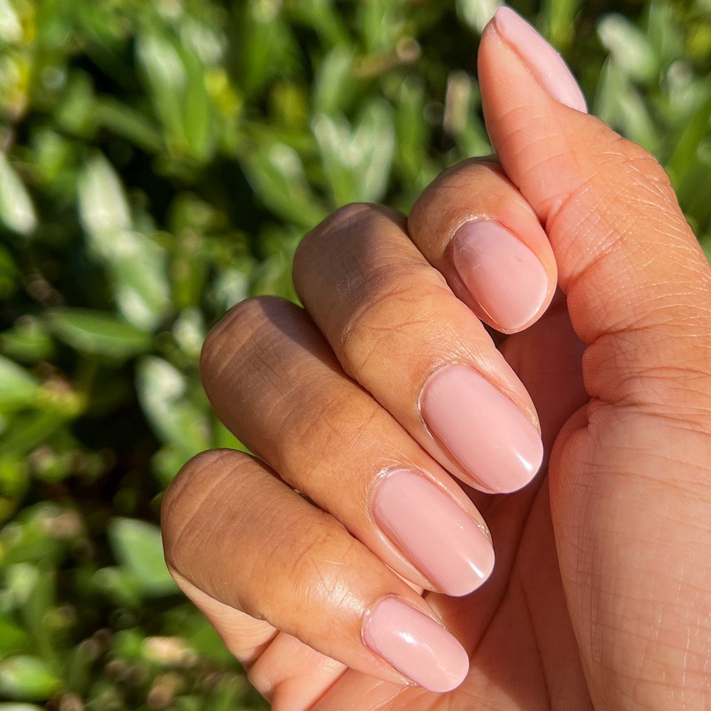 Hand with nails polished in neutral mauve using The Queen Takes her Tea with Milk for a subtle Olive and June manicure