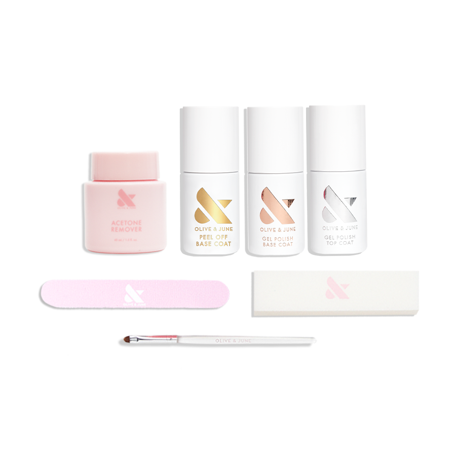 Gel Restock Set featuring acetone remover, base coats, top coat, nail file, buffer, and application brush for mani maintenance