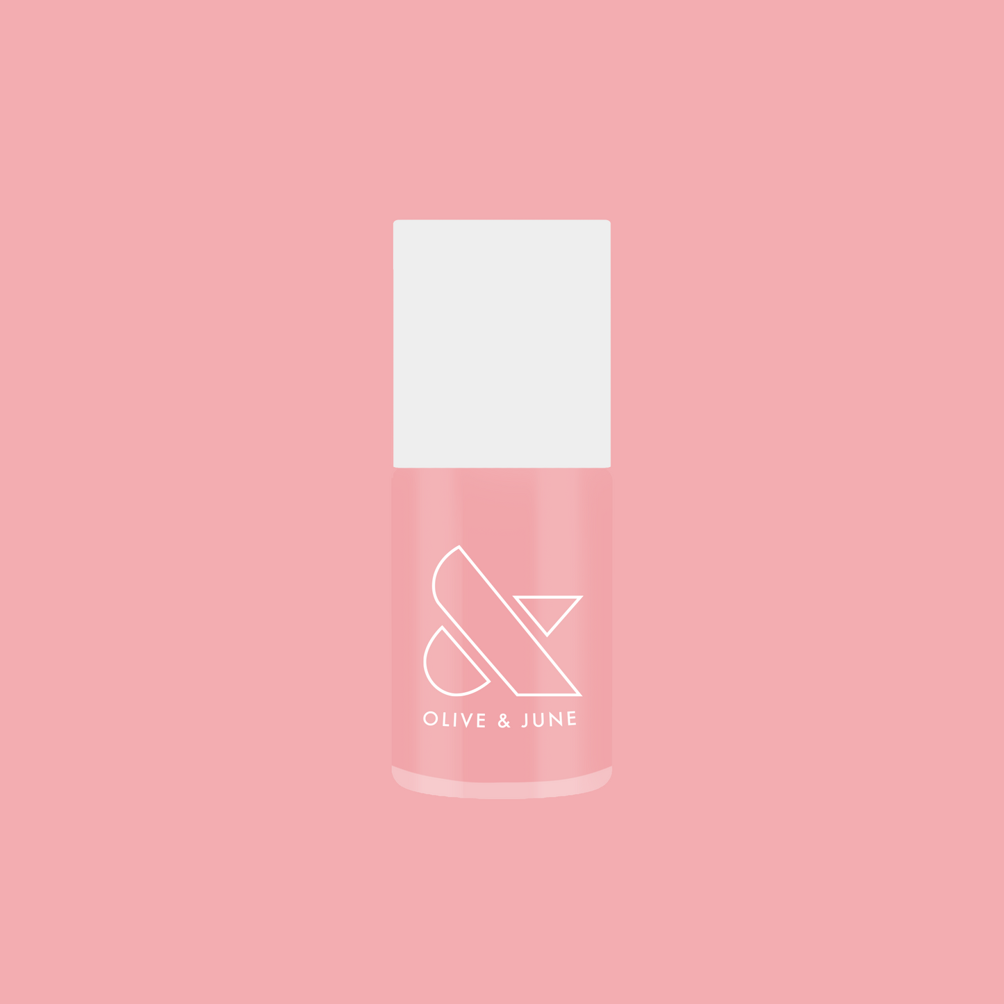 Bottle of Saltwater Taffy sheer pink gel polish by Olive and June displayed against pink background