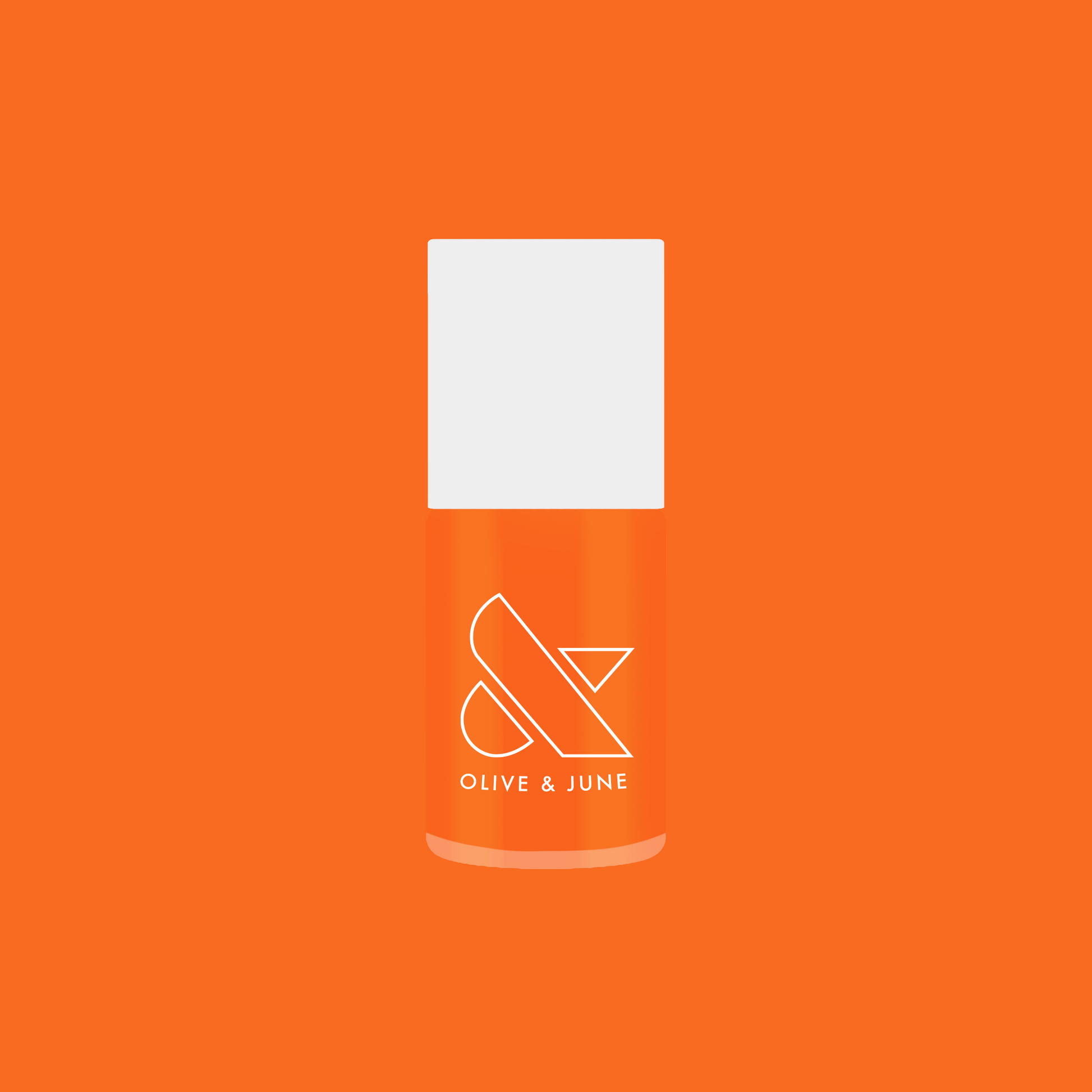Bottle of Bounce Back nail polish in bright tangerine shade by Olive and June for quick-dry at home mani.