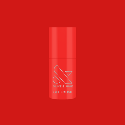CV - Gel bottle displayed in a bright cherry red shade for a long-lasting gel polish manicure by Olive and June