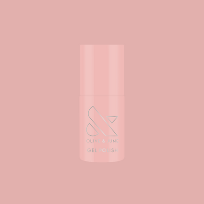 HZ - Gel bottle in soft rosy neutral shade with Olive and June logo on muted pink background for mani polish