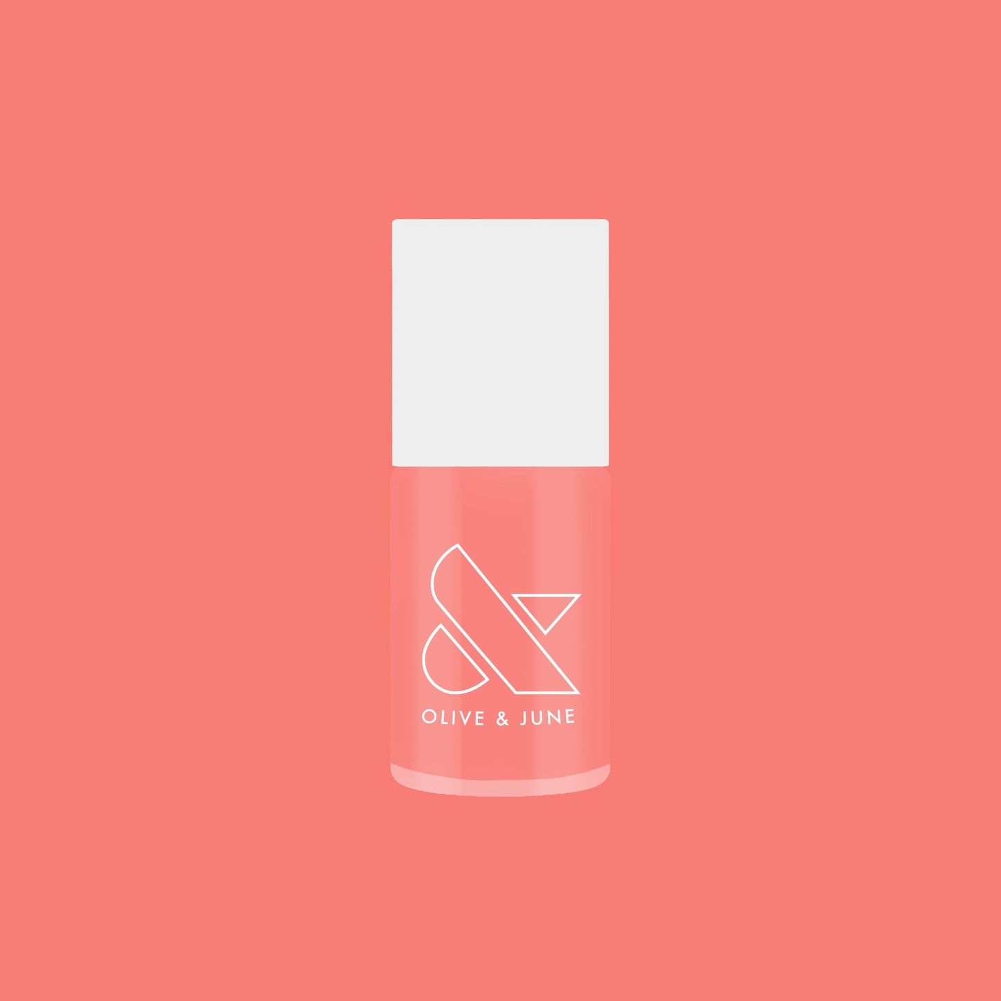 Olive and June Papaya Gloss sheer coral pink nail polish bottle against matching coral background for mani or pedicure