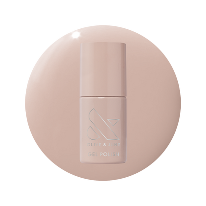Bottle of CDJ - Gel nail polish by Olive and June in a creamy neutral shade on matching background