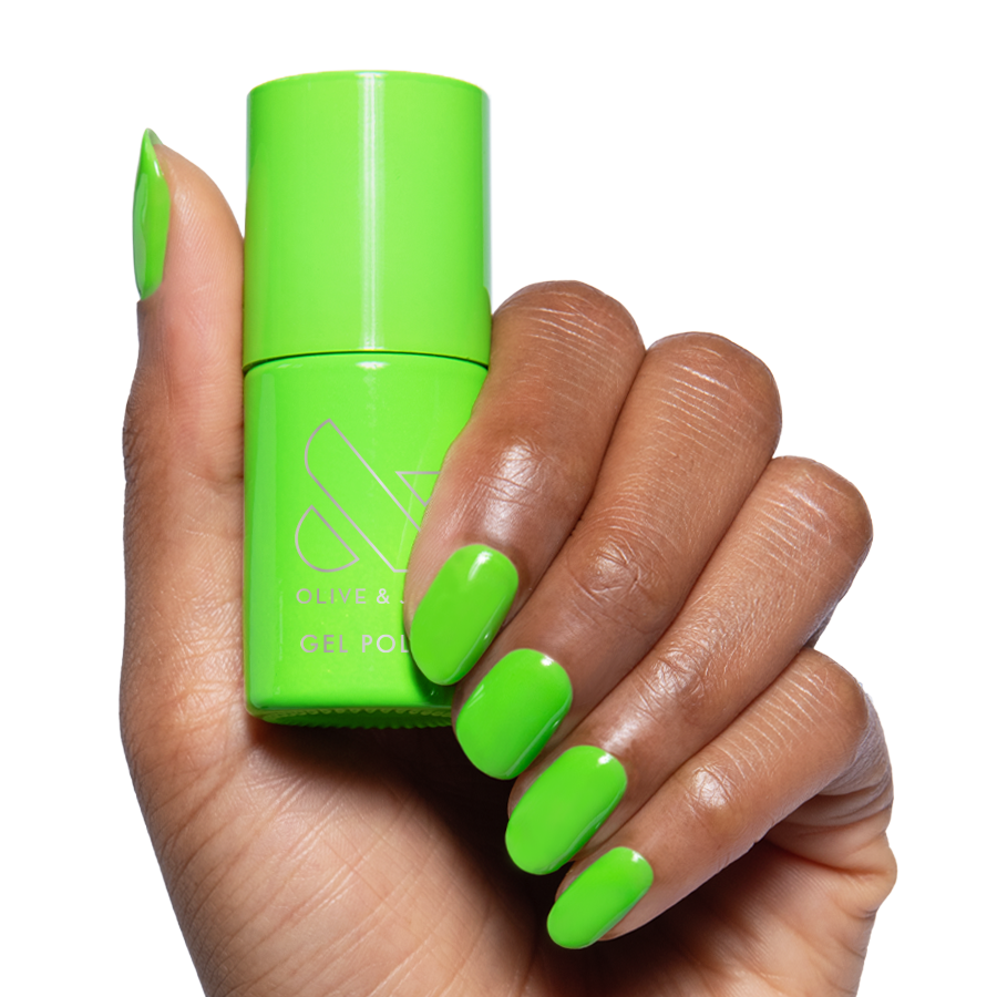 Cancel My Return Flight - Gel neon lime green gel polish on natural nails with glossy finish for a fresh mani