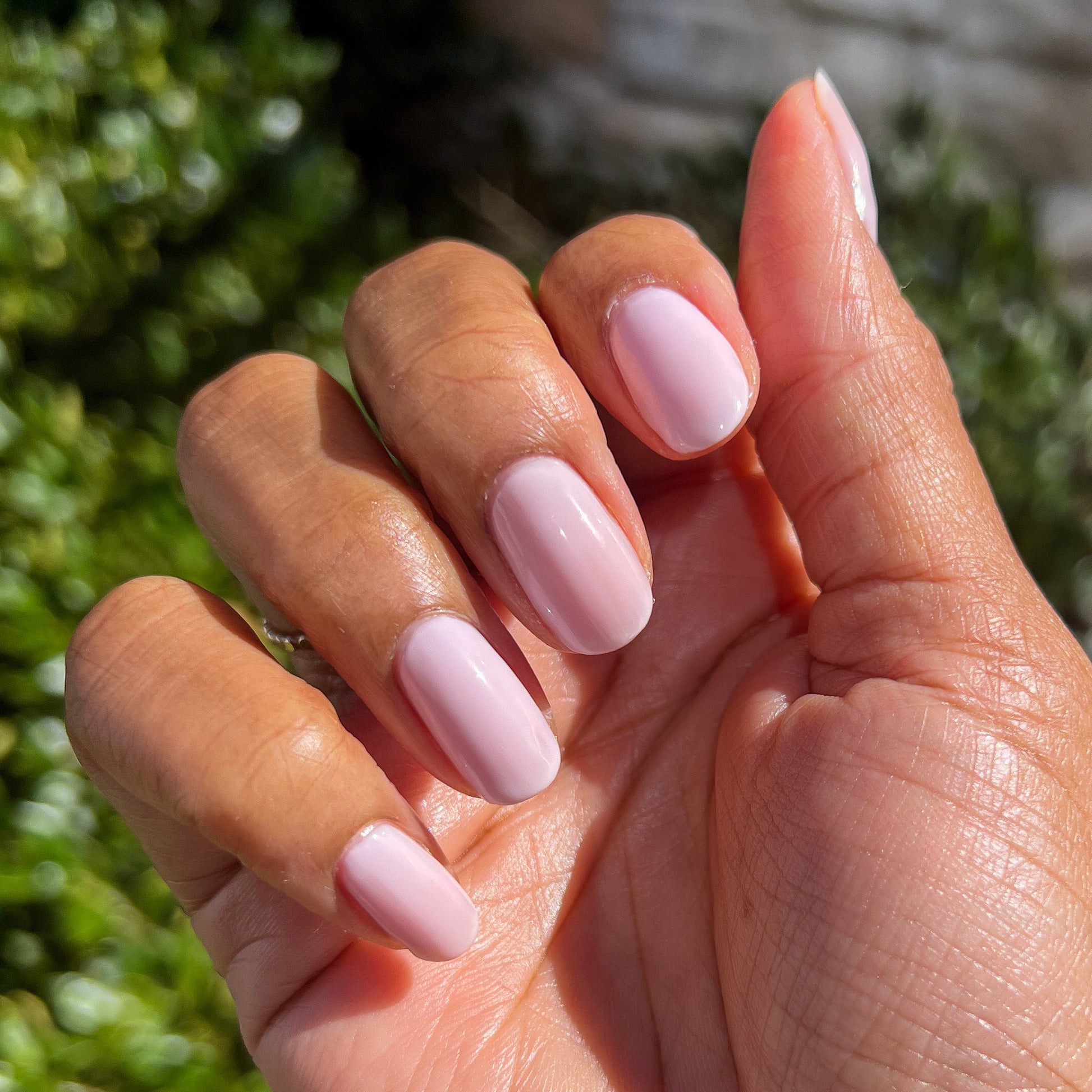 Hand with nails painted in sheer cool pink Strawberry Scone polish for a natural, long-lasting manicure at home
