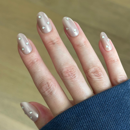 Diamond Chrome Mani - Press-On | Medium | Oval neutral chrome polish with raised 3D diamond effect gems for a stylish manicure