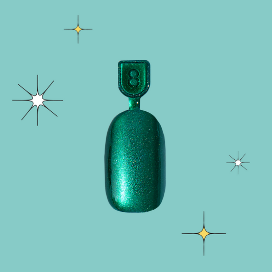 Emerald Magic Velvet - Pressies | Short Medium | Round showing shimmering deep green press-on nail sample on teal background