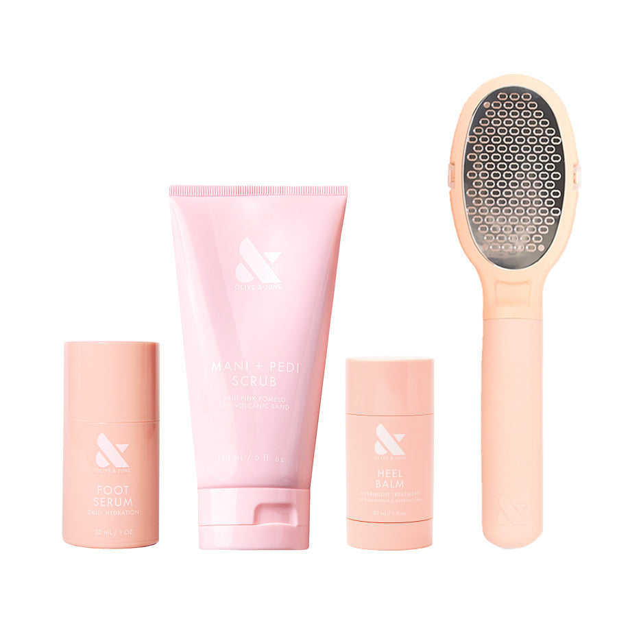 Foot Care Essentials Set with foot serum, mani + pedi scrub, heel balm, and foot file for soft, cared-for feet