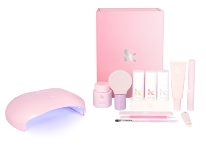 The Gel Mani System - 6 with pink LED lamp, gel polishes, manicure tools, and nail care products for at home use