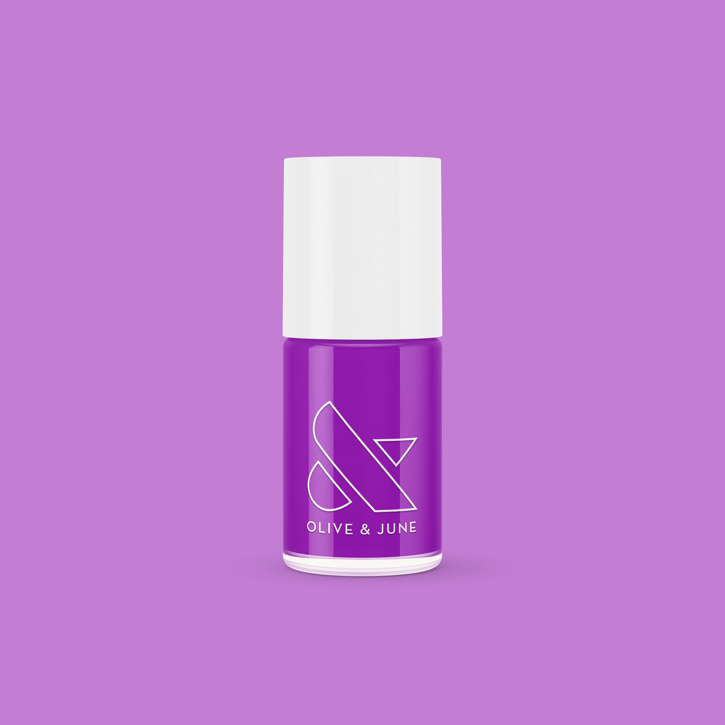 Grape Soda nail polish bottle in bright neon purple with Olive and June logo on solid purple background