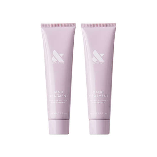 Hand Treatment Duo with Shea Butter and Pomegranate in soft pink tubes for hydrating and renewing hands