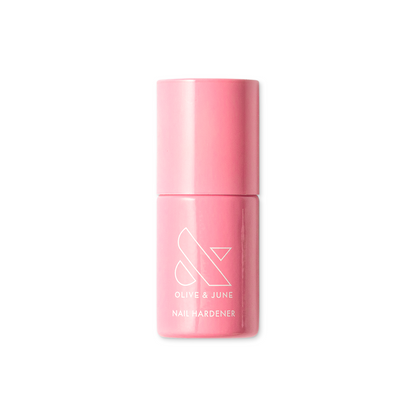 Nail Hardener by Olive and June in a pink bottle designed to strengthen and protect nails during manicures