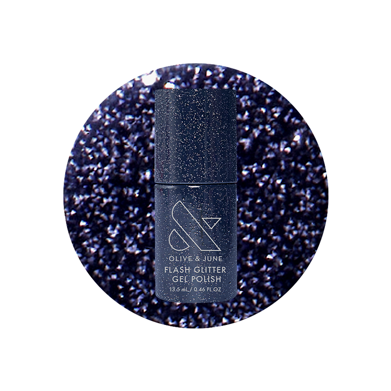 Out Past Curfew Gel bottle with deep blue-black flash glitter gel polish for a sparkling long-lasting mani