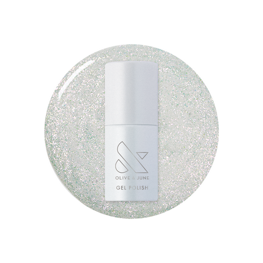 DIAMONDS ARE A MANI’S BEST FRIEND Gel bottle on sparkly iridescent sheer gel polish for long-lasting mani looks