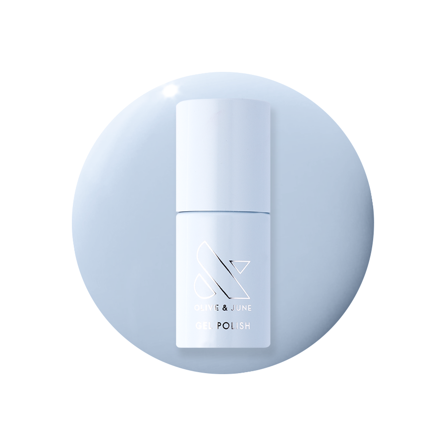 BP - Gel bottle on pastel icy blue background representing a smooth, long-lasting gel polish by Olive and June