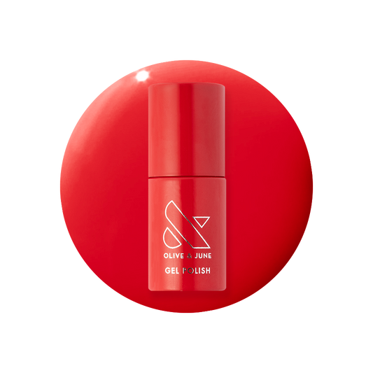 CV - Gel bottle shown in bright cherry red for a vibrant, long-lasting gel manicure by Olive and June