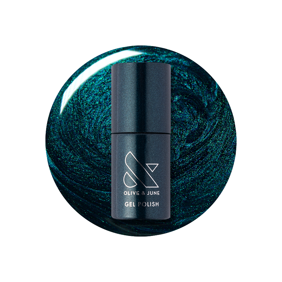 Dancing Green - Gel bottle over deep emerald green chrome gel polish for a long-lasting manicure by Olive and June