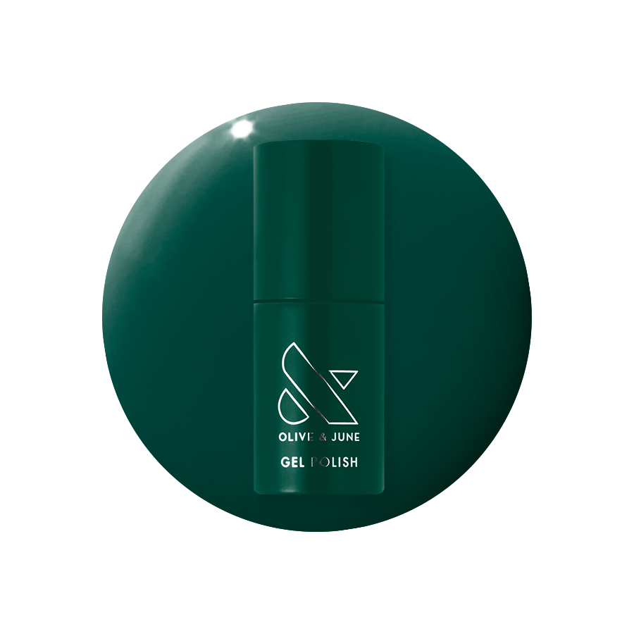 Fiddlefig - Gel bottle on deep leafy green gel polish for a fresh, long-lasting mani by Olive and June