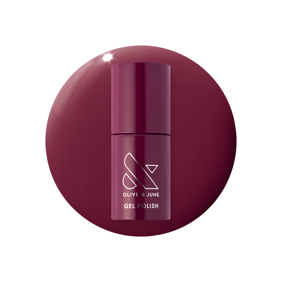 Mulberry - Gel polish bottle on deep maroon background for a rich and long-lasting manicure by Olive and June