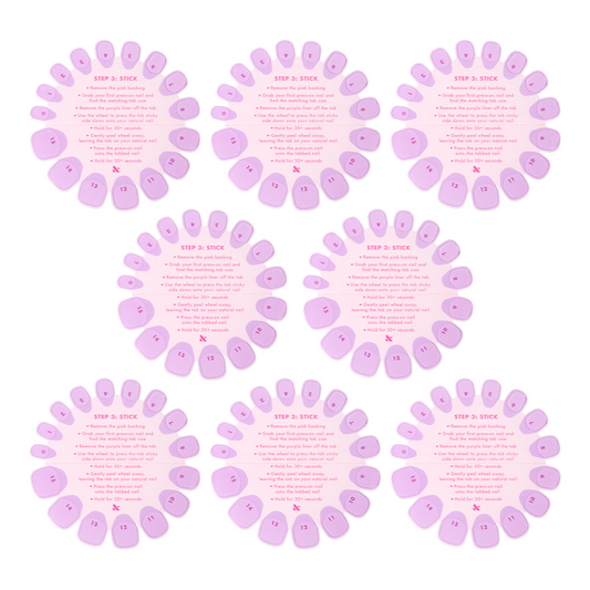 Super Stick Tab Pack showing eight pink adhesive nail tab wheels with application instructions for press-on mani use