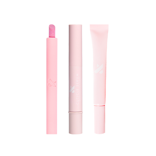Perfect Cuticles Set featuring cuticle buffer, nourishing cuticle oil, and hydrating cuticle serum for healthy nails and mani care