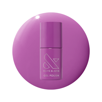 Bottle of Petal - Gel nail polish in bright floral purple shade on matching purple gel polish background