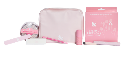 Press-On System - 4 Sets with pink pouch, nail file, remover system, polish, and manicure tools for easy at-home nail care