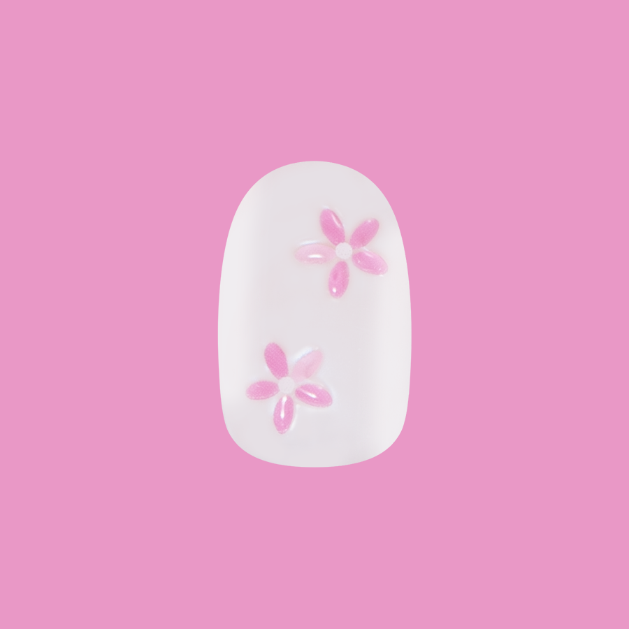 Puffy Petal Iridescent - Press-On | Short | Round sheer nail with iridescent finish and raised pink floral design