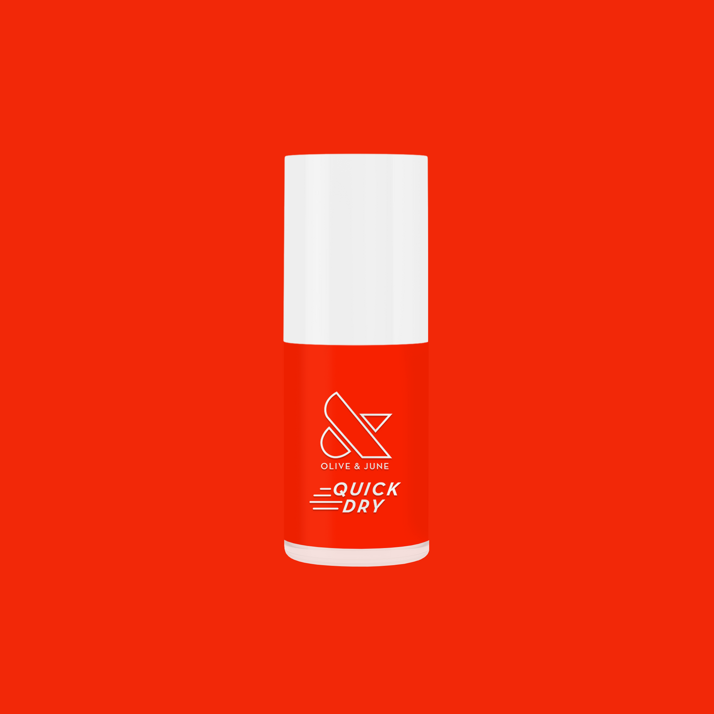 Bottle of Snapdragon bright orange-red quick dry gel polish by Olive and June on solid red background