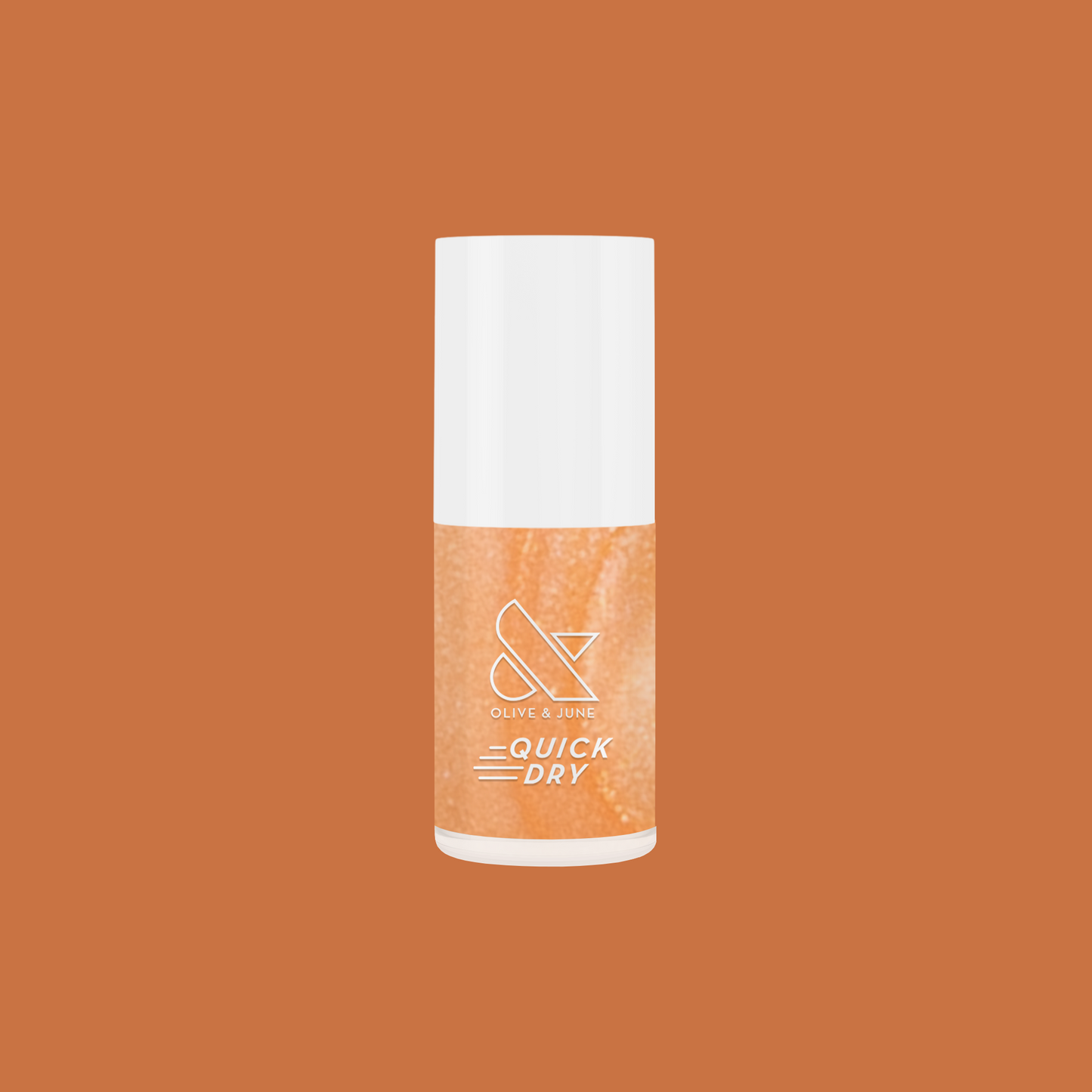 Bottle of Sunlit quick dry gel polish in warm golden peach shimmer by Olive and June on matching background