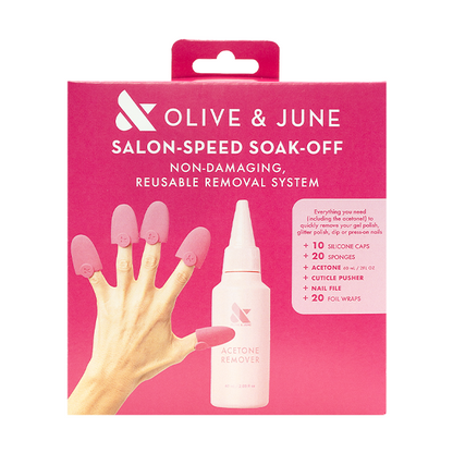 Olive and June Salon-Speed Soak-Off Kit with acetone remover and reusable silicone caps for fast gel polish removal