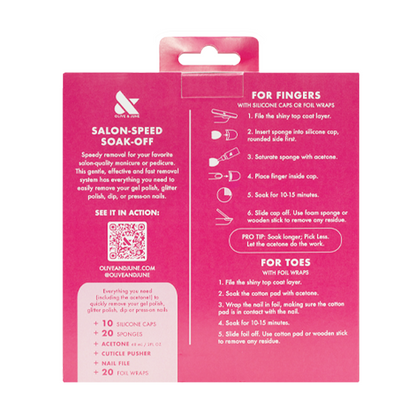 Salon-Speed Soak-Off Kit back packaging showing instructions for easy at home gel polish and press-on nail removal