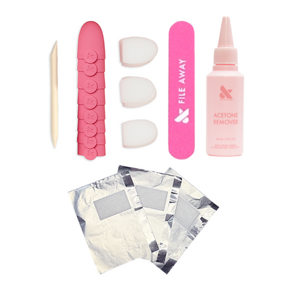 Salon-Speed Soak-Off Kit with acetone remover, nail files, foil wraps, cotton pads, and cuticle stick for easy polish removal