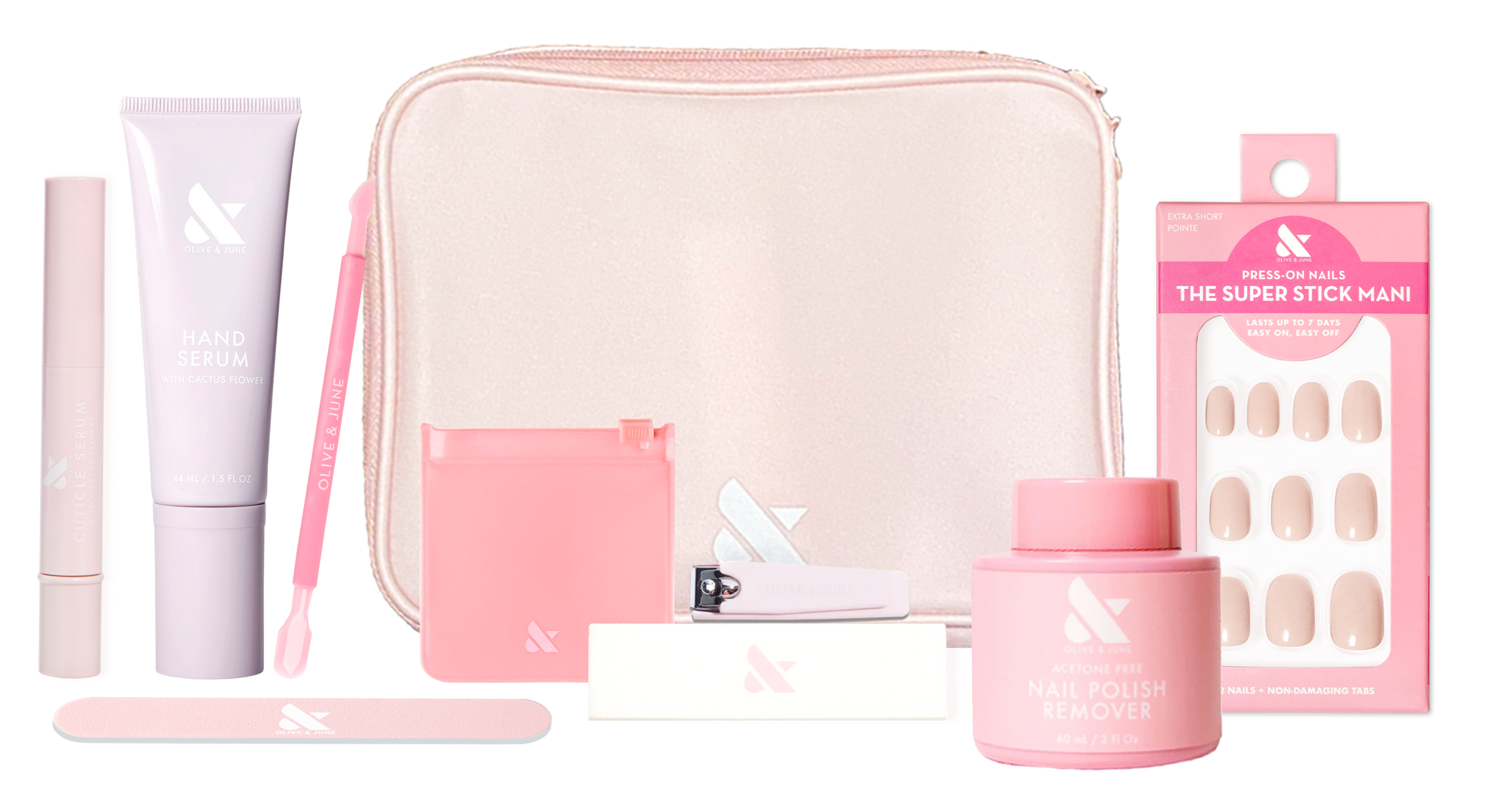 Tab Press-On System - 4 Sets with manicure tools, hand serum, nail polish remover, press-on nails, and pink carrying case