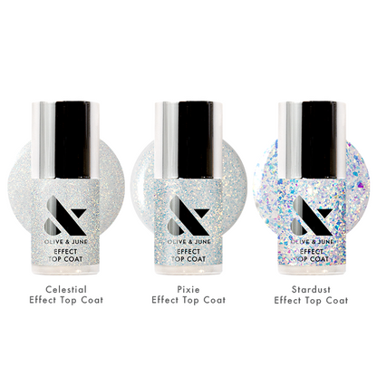 Speedy + Sparkly Top Coats Set featuring three glittery effect top coats for enhancing at-home manicures with shimmer and shine