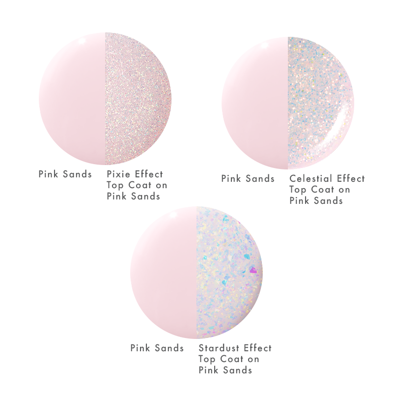 Top Coat Effects Trio showing Pixie, Celestial, and Stardust shimmer effects layered over Pink Sands polish for manicure enhancement