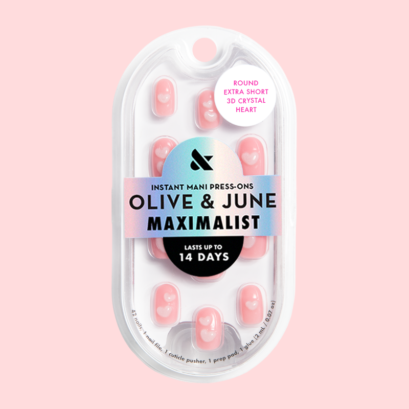 3D Crystal Hearts - Press-On | Extra Short | Round baby pink nails with jumbo puffy 3D hearts for a quick at-home mani