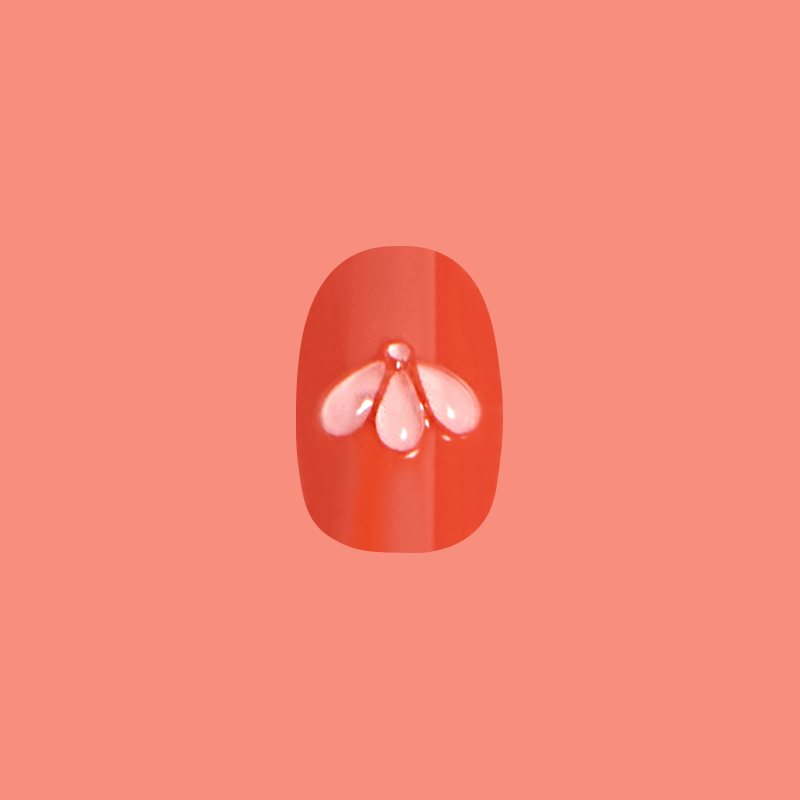 Puffy Pink Petals - Press-On | Extra Short | Round deep red nail with 3D puffy pink petal design for at-home manicure