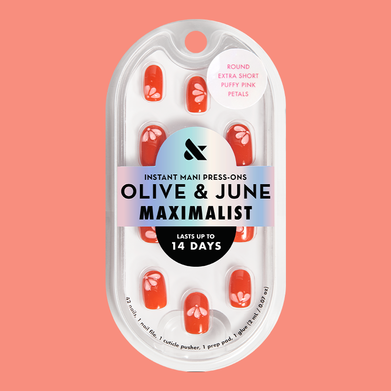 Puffy Pink Petals - Press-On | Extra Short | Round deep red press-on nails with 3D pink petal designs for at-home mani