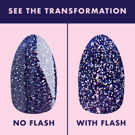 Out Past Curfew Gel swatch showing deep blue-black flash glitter gel polish without and with flash for sparkling mani