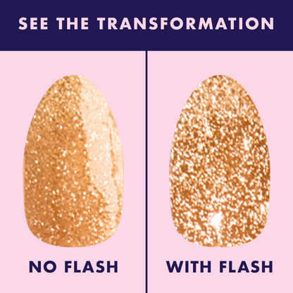 Pop Fizz Mani Gel gel polish swatch showing sparkling yellow gold glitter with and without flash lighting for mani use