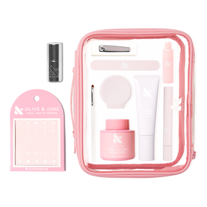 The Mani Weekender - 1 Polish kit with nail polish remover, hand serum, nail clipper, stickers, and clear pink pouch