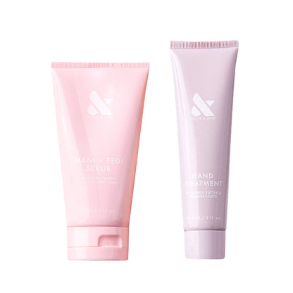 Refresh and Repair Duo with Mani + Pedi Scrub and Hand Treatment in soft pastel pink and lilac packaging