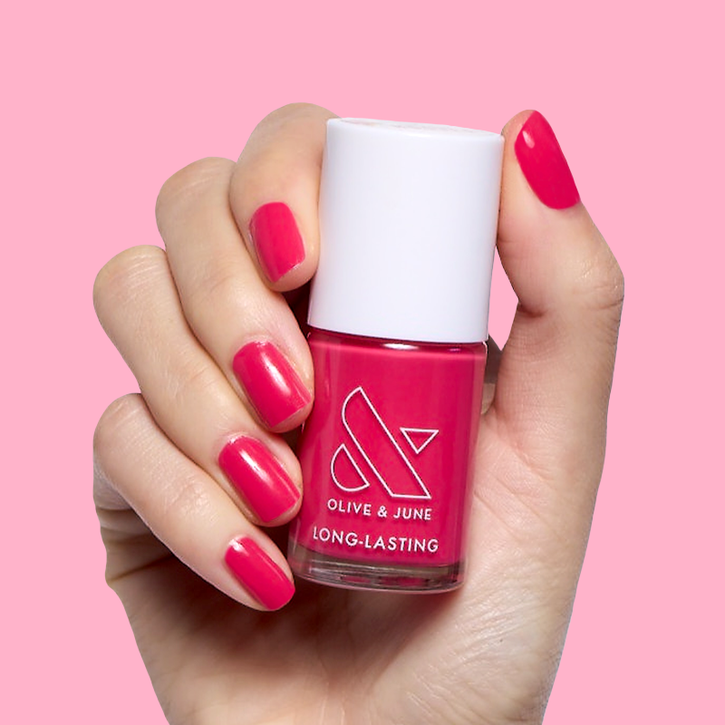 Diner Date bright hot pink long-lasting polish on natural nails with a smooth glossy finish for an at-home manicure