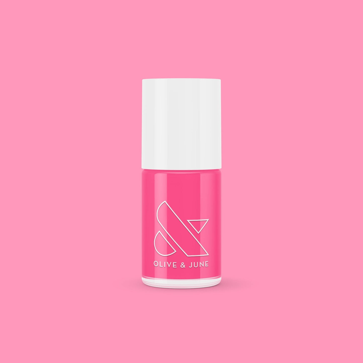 Olive and June Hot Strawberry gel polish bottle in bright strawberry pink against a matching pink background
