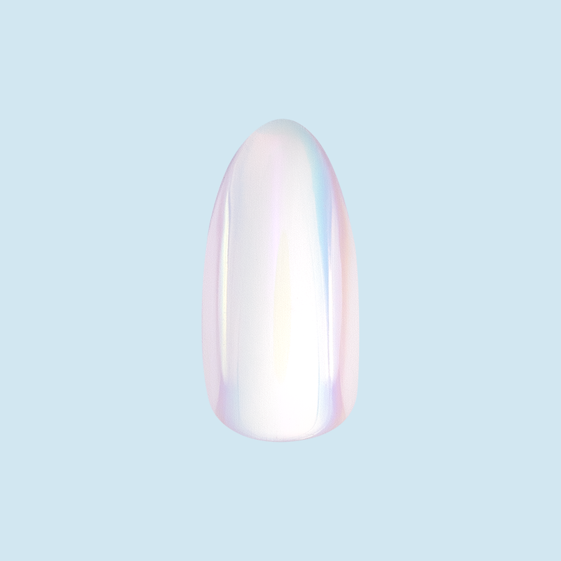 Iridescent Chrome - Press-On | Long | Almond showing shiny white iridescent chrome false nail with almond shape on light blue background